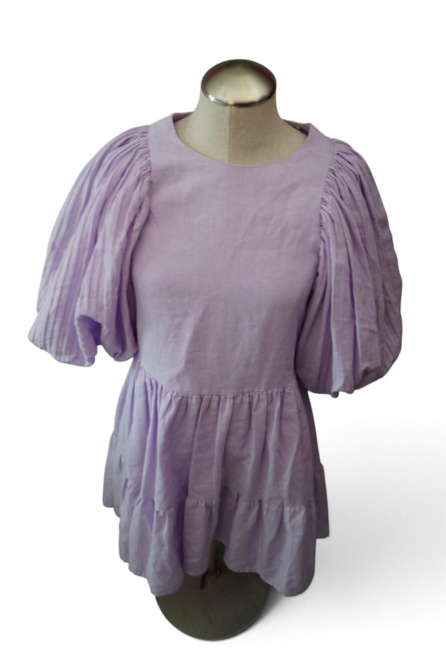 Sea New York Dress Women XS Purple Linen Blend Puff Sleeve Tier Short Fit Flare